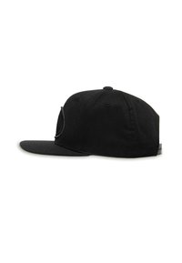 Black baseball cap with a flat brim, made of fabric, featuring a textured side panel and a snapback closure at the rear.