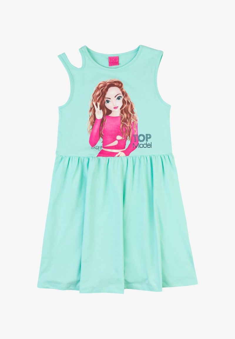 Robe sans manches vert menthe avec une fille dessin animé en haut rose faisant un signe de paix et le texte "TOP Model" sur la poitrine.