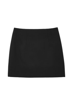 Schwarzer Minirock aus glattem Stoff, mit Falten vorne, geradem Schnitt und ohne zusätzliche Muster oder Akzente.