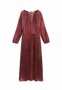 Robe longue bordeaux en tissu léger, avec des manches longues, une taille élastique et un décolleté en V avec un lien de fermeture au dos.