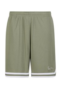 Olive green athletic shorts made of lightweight fabric, featuring a mesh texture, elastic waistband, and white accent stripes at the hem.