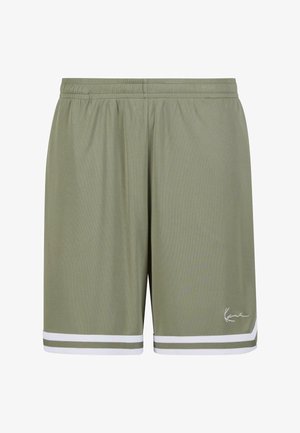 Vihreät urheilushortsit, jotka on valmistettu kevyestä materiaalista, verkkokuvioitu, joustava vyötärönauha ja valkoiset tehosteet helman kohdalla.