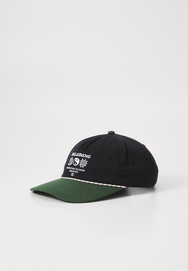 Black baseball cap with a green brim. Features white logos and text on the front and a decorative white stitching along the brim.