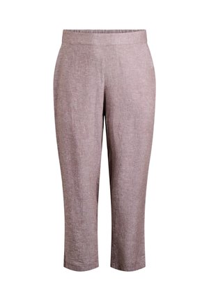 Lněné béžové capri nohavice so strečovým pásom, so štruktúrovaným povrchom a rovnými nohavicami. Žiadne vrecká nie sú viditeľné.