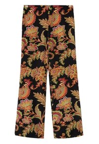 Pantalons larges à taille haute avec un motif floral vibrant orange, vert et rouge sur fond noir.