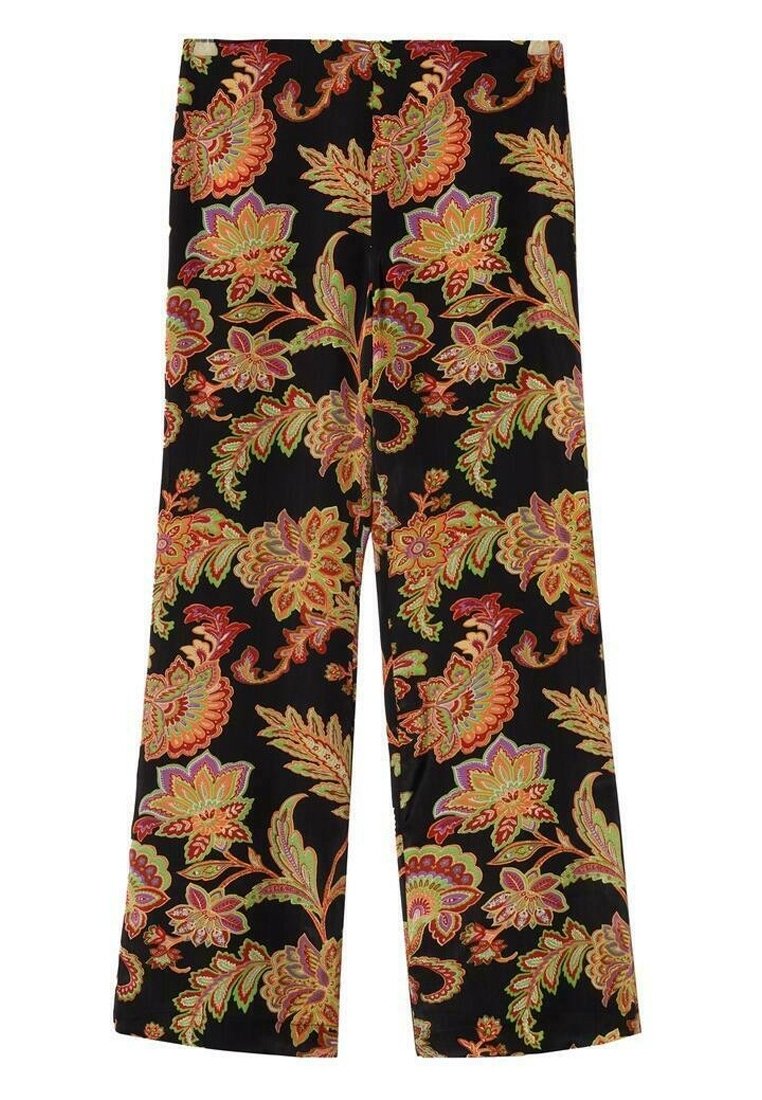 Pantalons larges à taille haute avec un motif floral vibrant orange, vert et rouge sur fond noir.