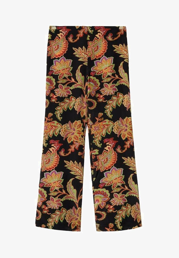 Pantalons larges à taille haute avec un motif floral vibrant orange, vert et rouge sur fond noir.