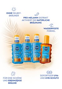 Four bottles of NIVEA SUN sunscreen arranged vertically. Blue and orange colors, rounded shapes, and labeled SPF 20, 30, and 50.