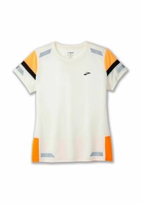 Maglietta atletica bianca con maniche corte. Presenta accenti arancioni, grigi e neri, strisce sulle maniche e un logo sul petto.