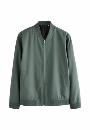 Jachetă bomber verde închis, cu fermoar frontal, guler ribbed și buzunare laterale; prezintă un finisaj neted, texturat și manșete elastice.
