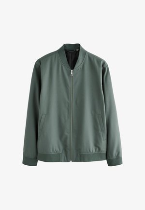 Ciemnozielona kurtka bomberka z zamkiem z przodu, ściągaczem przy kołnierzu i kieszeniami bocznymi; charakteryzuje się gładkim, teksturowanym wykończeniem oraz elastycznymi mankietami.