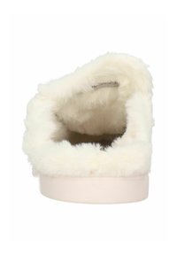 Pantofole interne morbide e bianche con una consistenza soffice, retro arrotondato e suola di colore chiaro. L'interno è completamente foderato con materiale peluche.