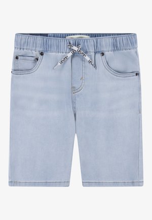 Jasnoniebieskie szorty dżinsowe z elastycznym pasem i białym sznurkiem z logo Levi's, przednimi kieszeniami oraz metalowymi nitami.
