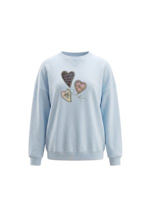Lyseblå langærmet sweatshirt med tre hjerteformede balloner i forskellige farver og mønstre foran.