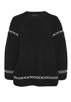 Schwarzer gestrickter Pullover mit lockerer Passform, der weiße Kreuzstichakzente an den Ärmeln und am Saum aufweist. Strukturierter Stoff und Rundhalsausschnitt.