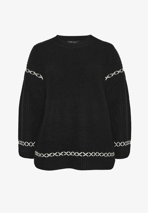 Schwarzer gestrickter Pullover mit lockerer Passform, der weiße Kreuzstichakzente an den Ärmeln und am Saum aufweist. Strukturierter Stoff und Rundhalsausschnitt.