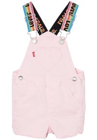 Salopette in denim rosa con bretelle regolabili multicolori, dettagli di cucitura a forma di cuore, tasche anteriori e bottoni in metallo argentato.
