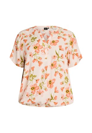 Blouse à manches courtes avec imprimé floral pêche et jaune sur tissu rose clair, dotée d'un col en V et d'une patte de boutonnage.