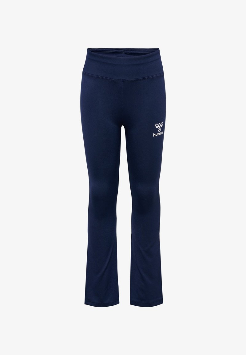 Marineblå træningsbukser med høj talje, let udvidede ben og hvid hummel-logo på øverste venstre lår.