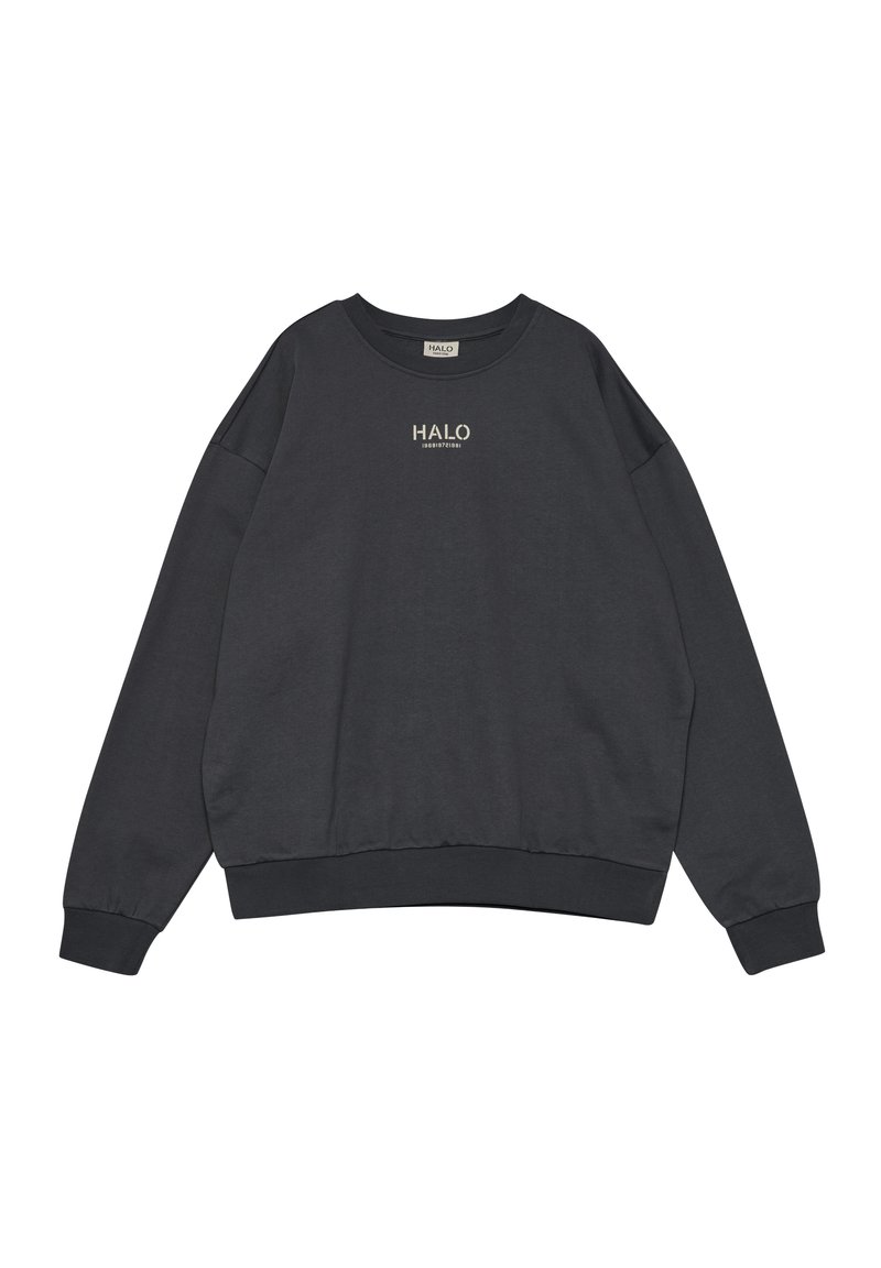 Czarna szara bluza z okrągłym dekoltem i długimi rękawami. Zawiera złote logo "HALO" na piersi oraz ściągacze na rękawach i dole. Miękka tkanina.