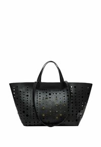 Sac fourre-tout en cuir noir perforé avec deux poignées robustes, forme angulaire et motifs de trous variés pour un design texturé.