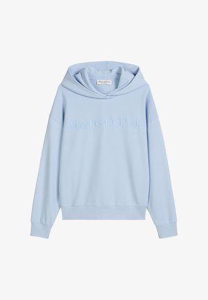 Hellblauer Kapuzenpullover aus weichem Stoff, mit "Marc O'Polo" in gestickten Buchstaben auf der Vorderseite. Lockerer Sitz und lange Ärmel.