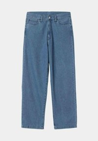 Jeans de mezclilla de pierna ancha en azul claro. Presenta cinco bolsillos, cierre de botón y acentos cosidos. Textura suave y corte recto.