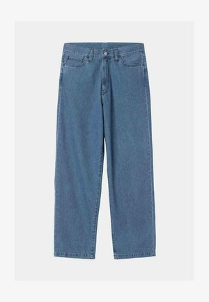 Jeans de mezclilla de pierna ancha en azul claro. Presenta cinco bolsillos, cierre de botón y acentos cosidos. Textura suave y corte recto.