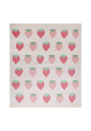 Coperta con righe alternate di fragole rosse e rosa con foglie verdi su uno sfondo beige chiaro.
