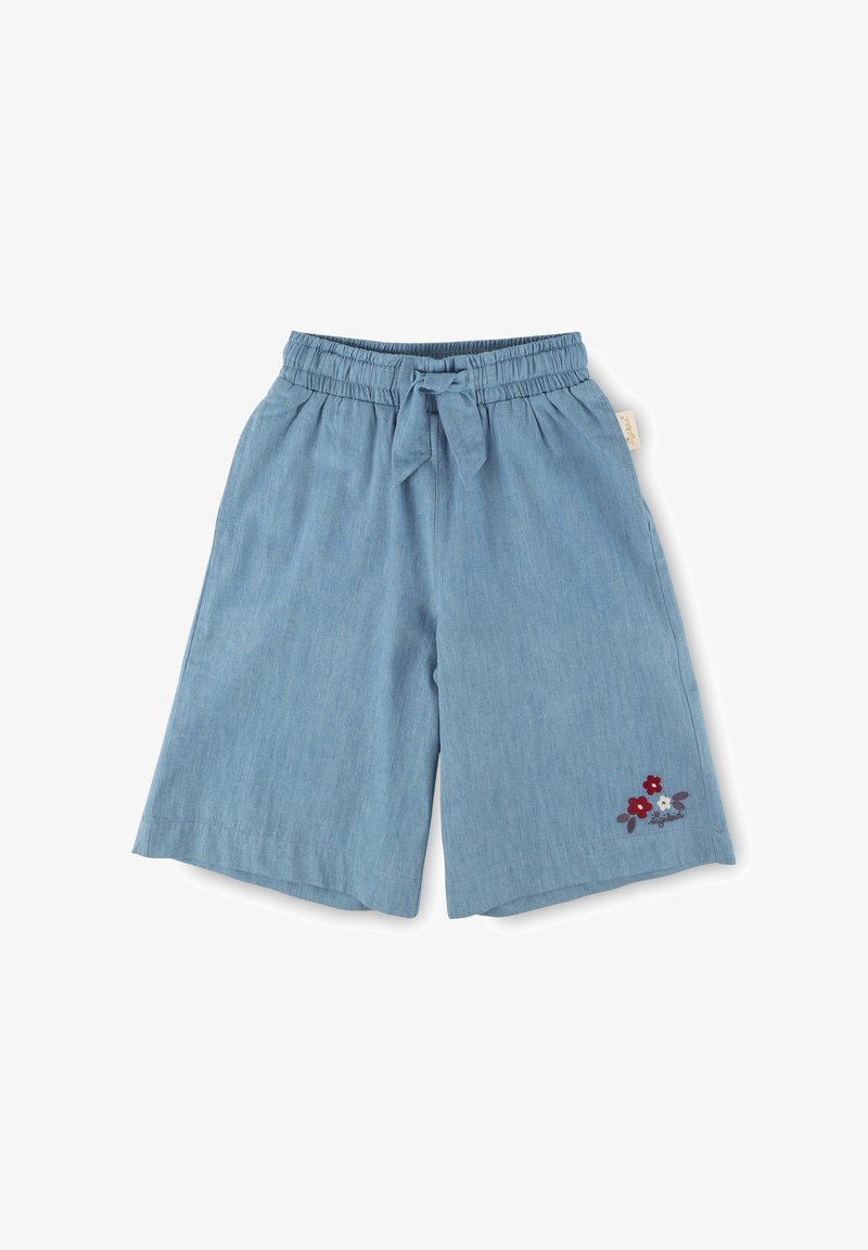 Light blue denim shorts with an elastic waistband, tie detail, and embroidered flower design on the lower left side. Soft texture.