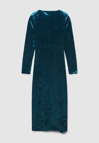 Robe en velours teal à manches longues, avec un col rond et une silhouette droite, présentant une texture lisse et douce ainsi qu'un léger éclat.