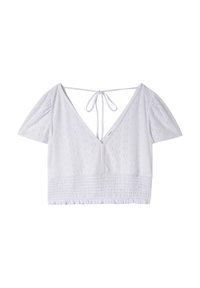 Cropped top bianco a maniche corte con scollatura a V, motivo ad occhiello, orlo arricciato e sottili spalline legate sul retro.