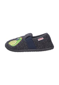 Dunkelgraue Filzhausschuhe mit grünem und blauem gesticktem Design. Verfügt über ein elastisches Seitenpanel und eine strukturierte Gummisohle für besseren Halt.