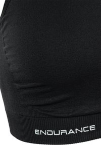 Sort sports-bh i et struktureret, strækbart stof. Har en bred elastik nederst med "ENDURANCE" trykt i hvid. Glat design.
