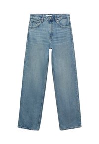Jeans in denim blu chiaro con design a gamba dritta, vita alta, cinque tasche e cuciture a contrasto. Nessun abbellimento o motivo presente.
