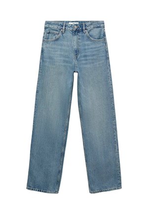 Jeans in denim blu chiaro con design a gamba dritta, vita alta, cinque tasche e cuciture a contrasto. Nessun abbellimento o motivo presente.