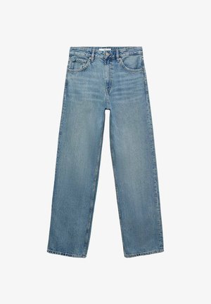 Jean en denim bleu clair avec une coupe droite, taille haute, cinq poches et des coutures contrastées. Sans embellissements ni motifs.
