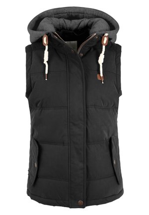 Čierny bezrukávový vest s kapucňou, vyrobený z polstrovaného materiálu. Obsahuje zips vpredu, bočné vrecká a šnúrky na stiahnutie s hnedými akcentmi.