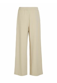 Beige wijde broek met een elastische tailleband, gemaakt van zachte stof. Heeft een losse pasvorm en een gladde textuur.