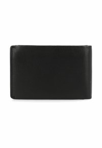Cartera de cuero negro con textura suave, forma rectangular y bordes redondeados. Presenta un diseño minimalista sin herrajes ni detalles visibles.