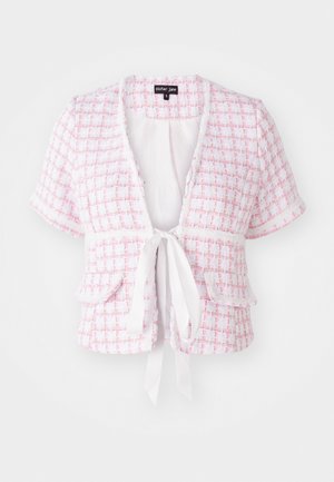 Ružová tkaná bunda s krátkym rukávom a viazaním, predné vrecká a textúrovaný vzor. Má zubatý lem a voľný strih.