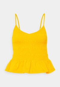 Top giallo senza maniche con corpetto smock e orlo a peplo svasato. Realizzato in tessuto morbido con spalline sottili e regolabili.