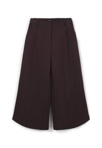 Culotte marroni scuri realizzati in tessuto leggero, con design a gamba larga, pince frontali e vita elastica per il massimo comfort.