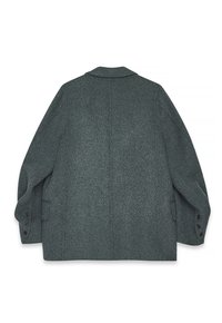 Blazer en laine gris foncé posé à plat, montrant le dos avec des manches longues et trois boutons sur chaque poignet.