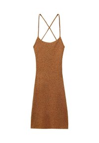 Abito lavorato a maglia marrone con silhouette aderente, spalline sottili e design incrociato sulla schiena. Il tessuto ha un aspetto metallico e texturizzato.