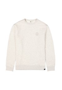 Lichtgrijze sweatshirt met een ronde hals, ribbels aan de mouwen en onderkant. Heeft een subtiele logo op de borst. Zachte textuur met een klassieke pasvorm.