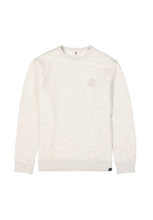 Lichtgrijze sweatshirt met een ronde hals, ribbels aan de mouwen en onderkant. Heeft een subtiele logo op de borst. Zachte textuur met een klassieke pasvorm.