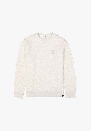 Lichtgrijze sweatshirt met een ronde hals, ribbels aan de mouwen en onderkant. Heeft een subtiele logo op de borst. Zachte textuur met een klassieke pasvorm.