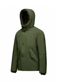 Groene pufferjack met capuchon, voorzien van een sluiting met knopen aan de voorkant, zijzakken en zwarte binnenmanchetten. Gladde buitenkant.