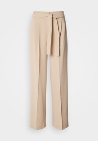 Pantalon beige taille haute à jambes larges avec ceinture et plis, conçu pour une coupe décontractée et ajustée.